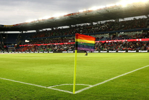 A rainbow flag as corner flag as a symbol against homophobia pictured during the international soccer match between Denmark and Germany at the Brondby Stadium in Brondby, close to Copenhagen, Denmark, 06 June 2017. Photo: Christian Charisius/dpa