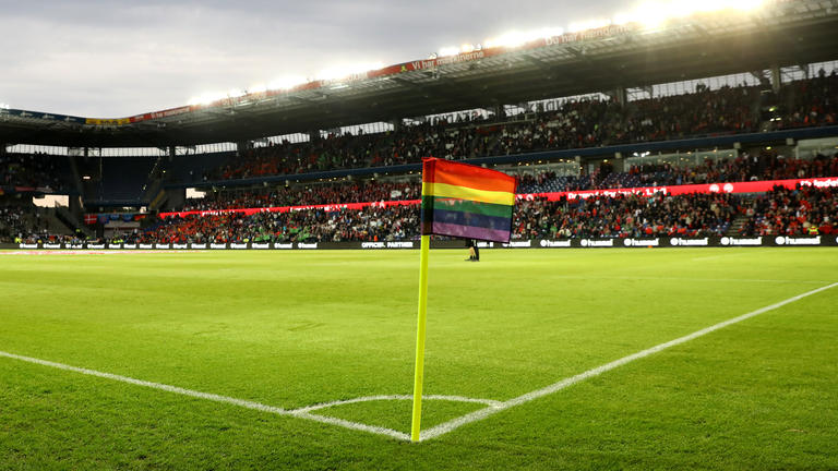 A rainbow flag as corner flag as a symbol against homophobia pictured during the international soccer match between Denmark and Germany at the Brondby Stadium in Brondby, close to Copenhagen, Denmark, 06 June 2017. Photo: Christian Charisius/dpa